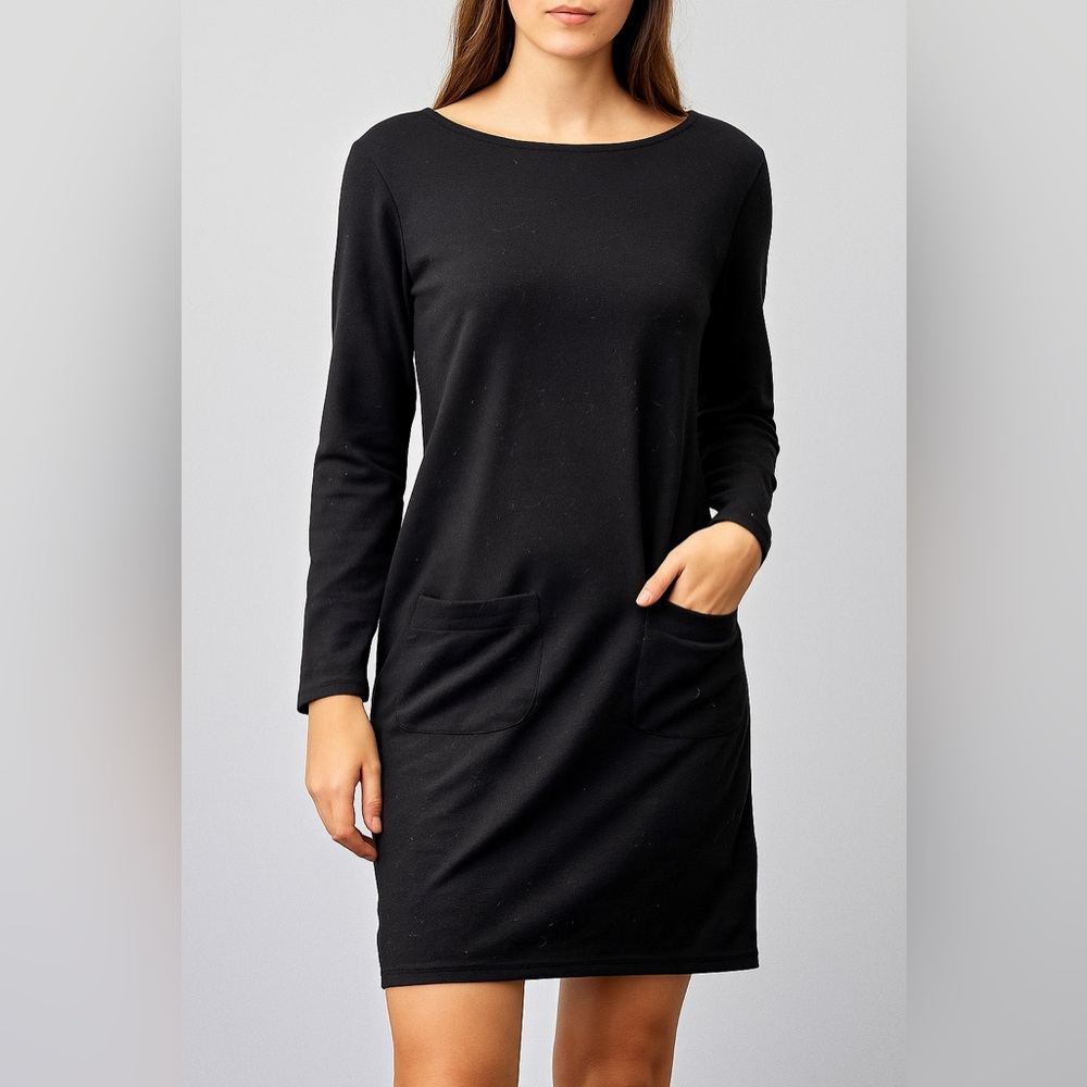 Coldwater Creek Black Long Sleeve Shift Dress Pockets 100% Cotton Size S